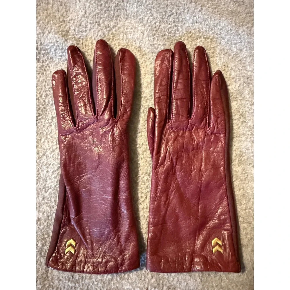 Vintage Isotoner Womens Burgundy Genuine Leather Spandex Gloves Gold Chevron OS